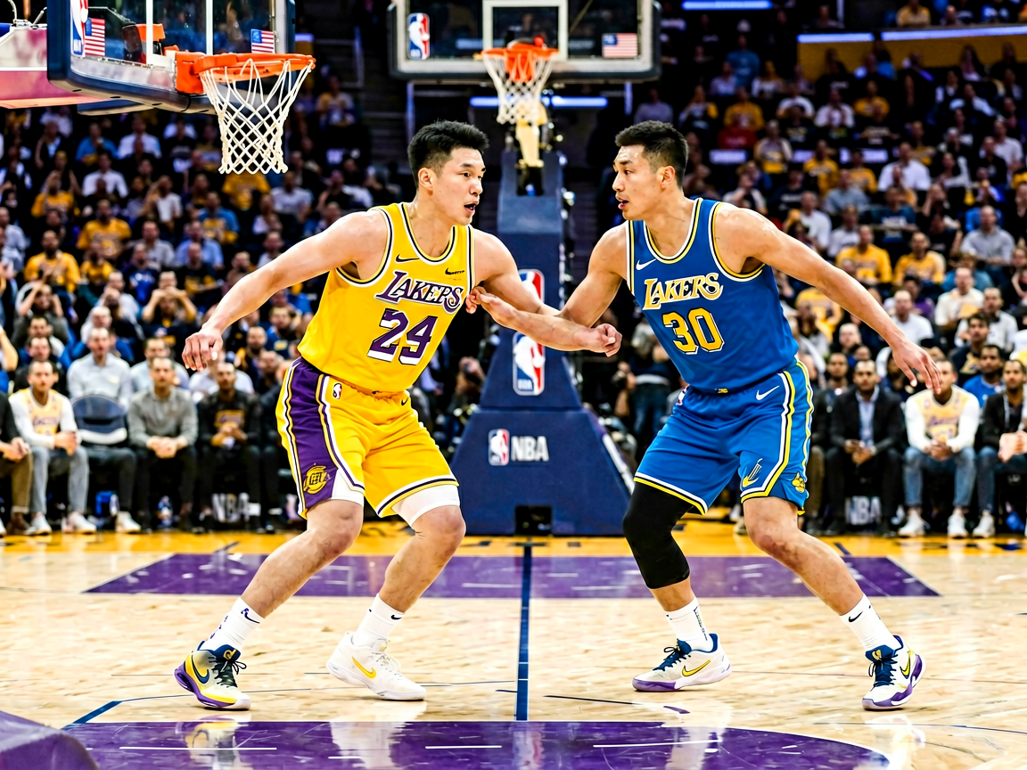 NBA常规赛现场，湖人队与勇士队激烈对抗比赛画面